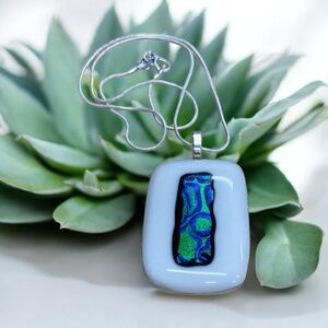 Artisan hand crafted abstract white green blue & black fused glass pendant